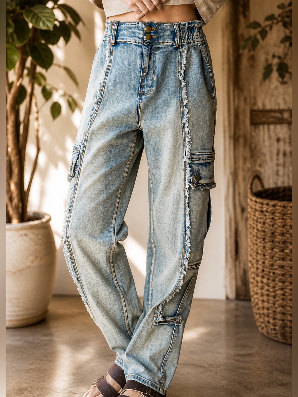 353 OLI & HALI WASHED STRETCH ELASTIC WAIST CARGO DENIM JEANS M and L NWOT